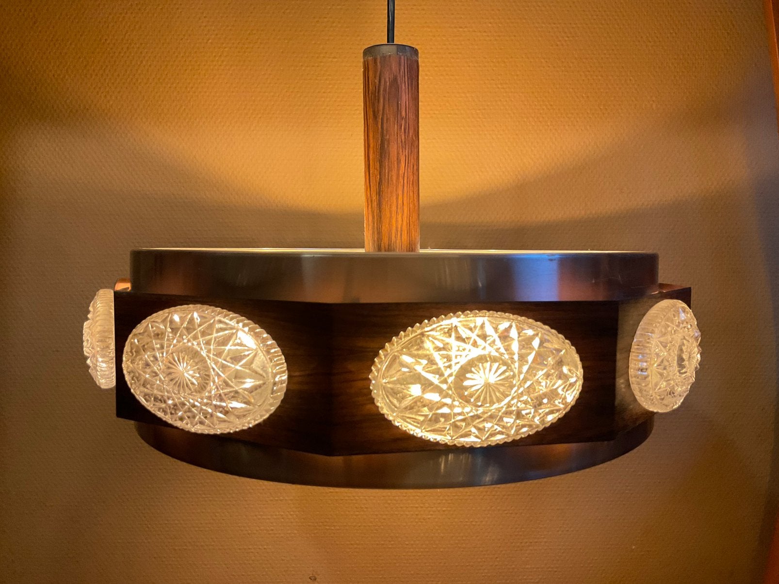 Vintage Lakro Amstelveen UFO hanglamp space age jaren zestig, Gebruikt, Glas, Space age, E27 (groot)