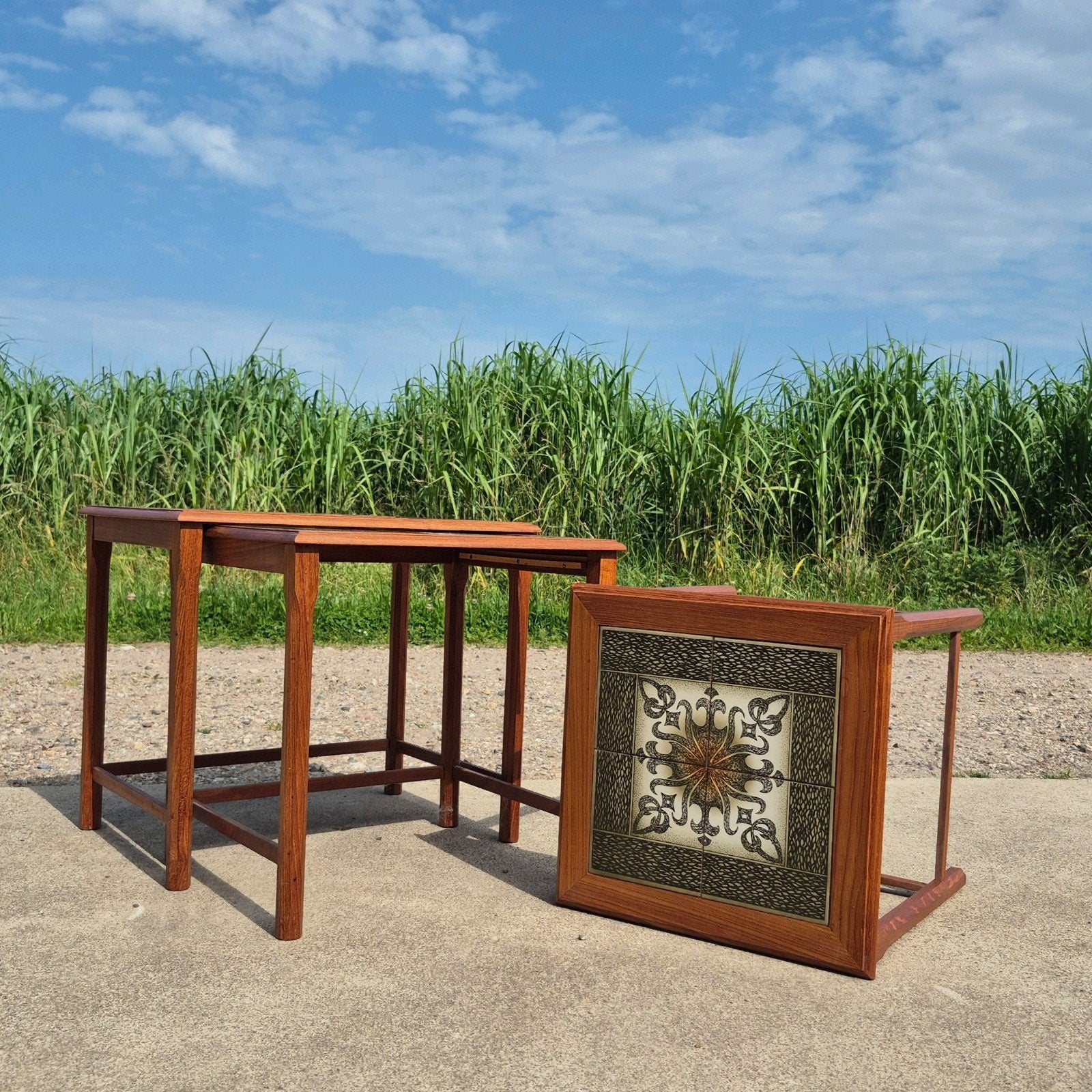 vintage set 3 Deens design mimiset nesting tables, Ophalen, Zo goed als nieuw, Rechthoekig, Hout