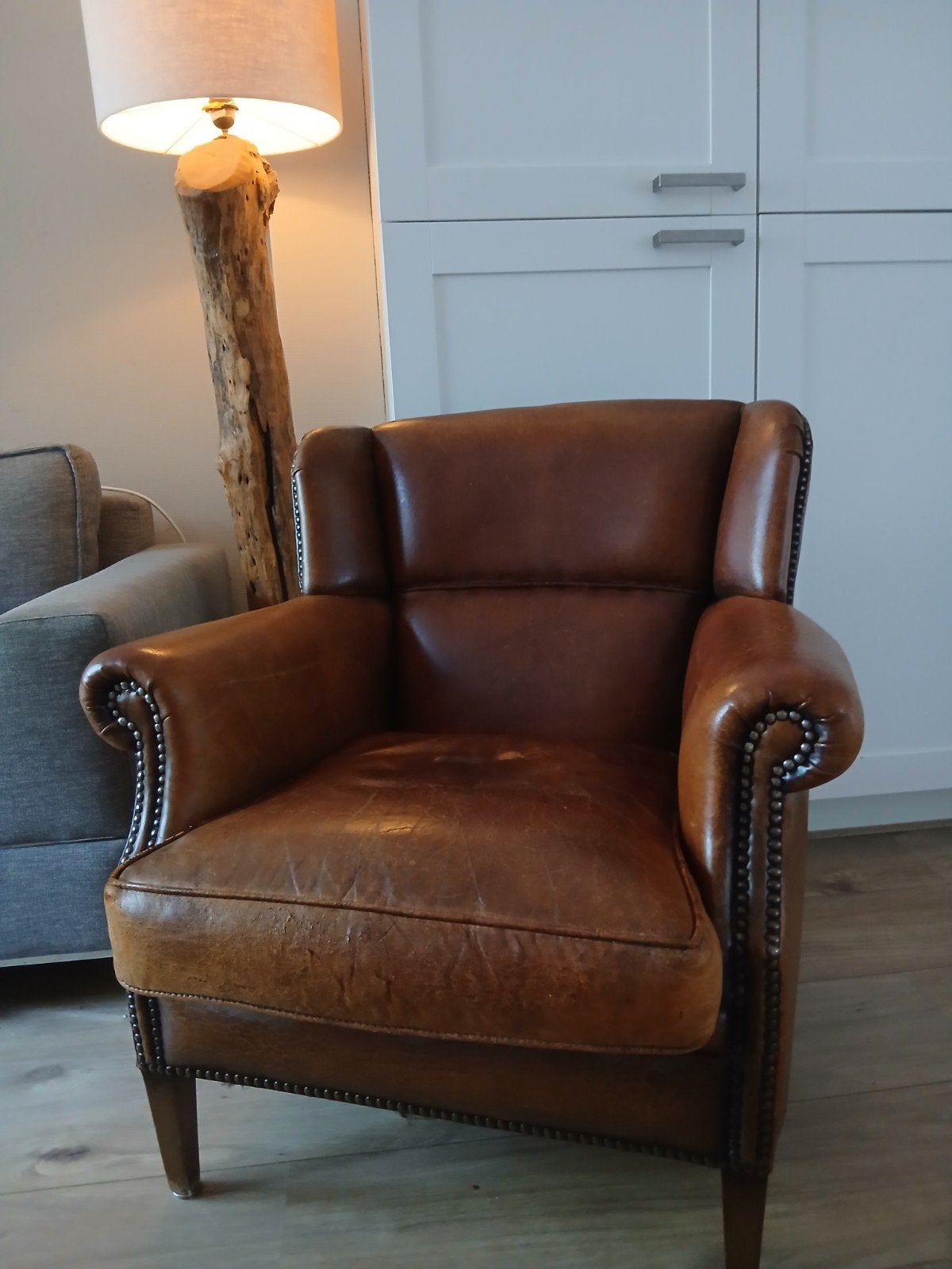 Schapenleder Chesterfield fauteuil., Gebruikt, Chesterfield, Ophalen of Verzenden, Leer