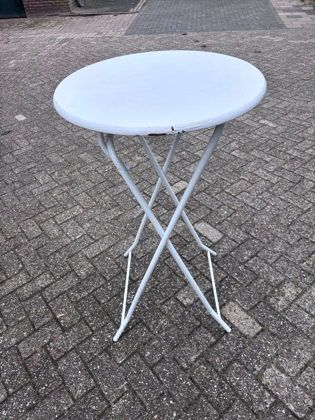 2 stuks: Witte opvouwbare bistrotafels, Ophalen, Gebruikt, Rond, Metaal