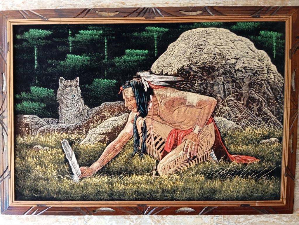 Vintage fluwelen schilderij Indiaan met wolf, Ophalen