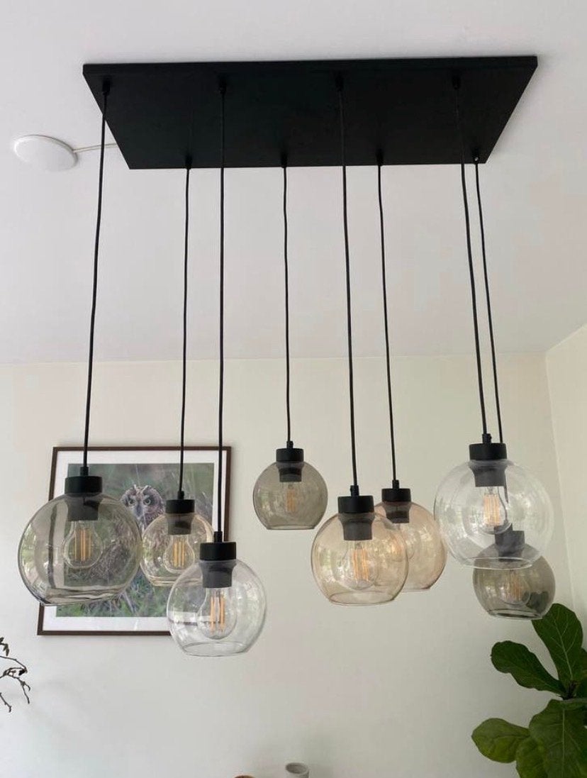 8 glazen bollen hanglampen in verschillende kleuren, Huis en Inrichting, Ophalen, Zo goed als nieuw, Glas