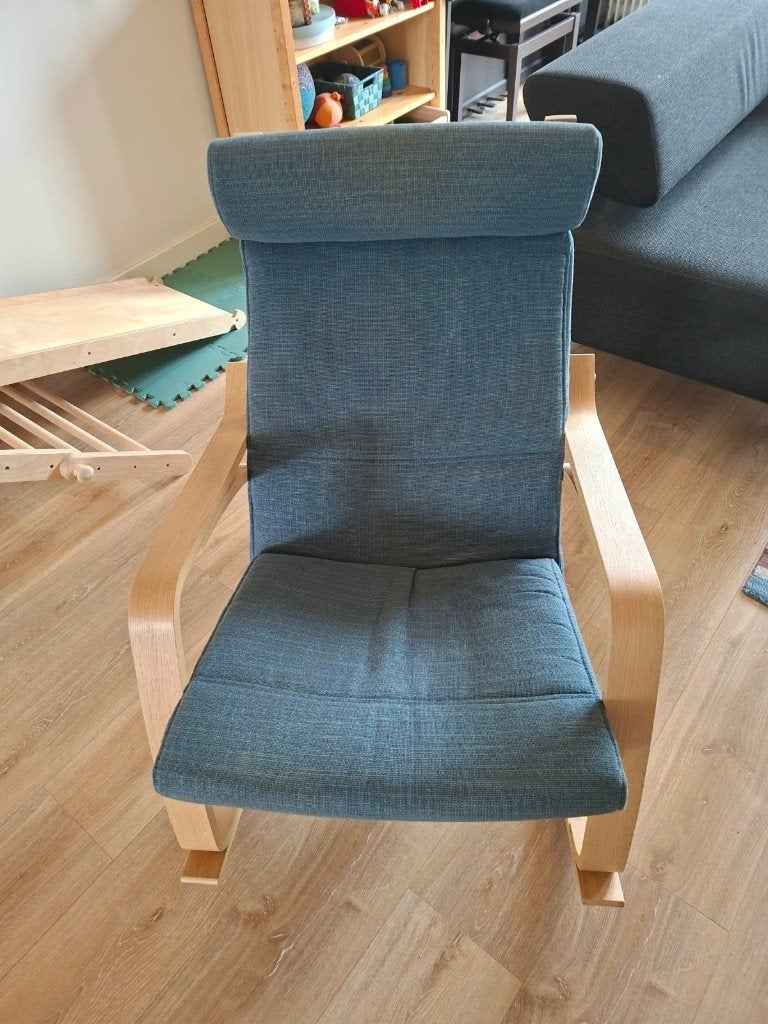 IKEA Poäng schommelstoel met blauwe bekleding, Gebruikt, Modern, Scandinavisch, Blauw, Ophalen of Verzenden