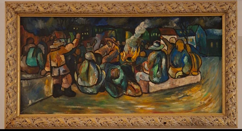 Groot schilderij 'Boerentafereel bij kampvuur', Antiek en Kunst, Ophalen