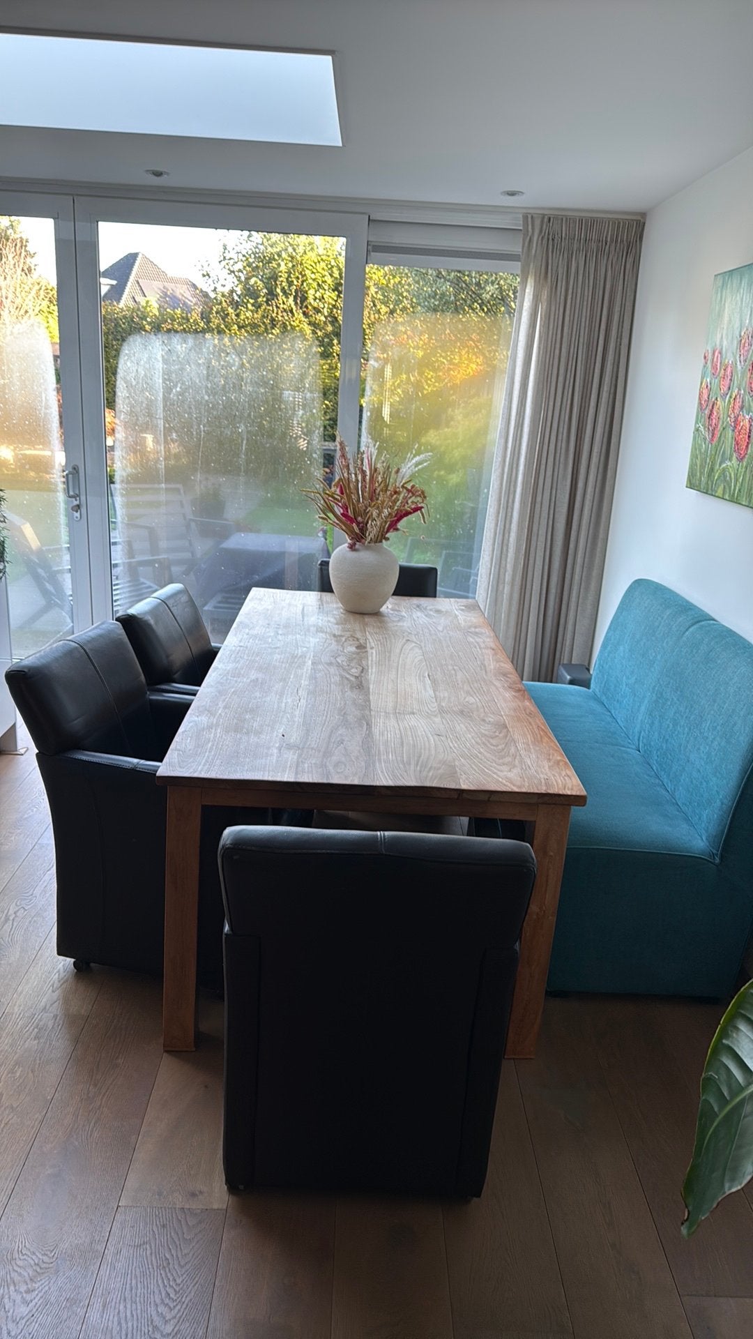 Teakhouten tafel met 4 stoelen en bankje, Ophalen, Zo goed als nieuw
