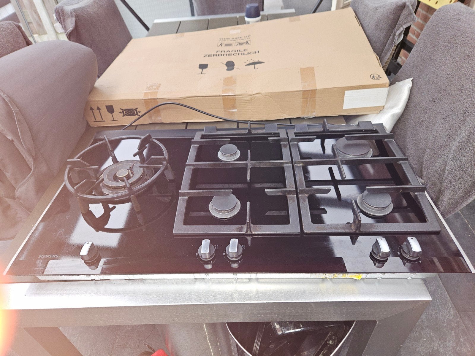 Siemens gaskookplaat met Wokbrander - Zwart Glas- 90 cm bree, Ophalen, Gebruikt, Inbouw, Gas