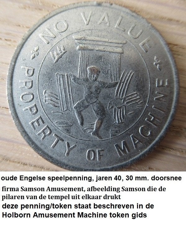 oude Engelse speelautomaat penning, jaren 40 Samson autm., Ophalen of Verzenden, Overige materialen, Buitenland