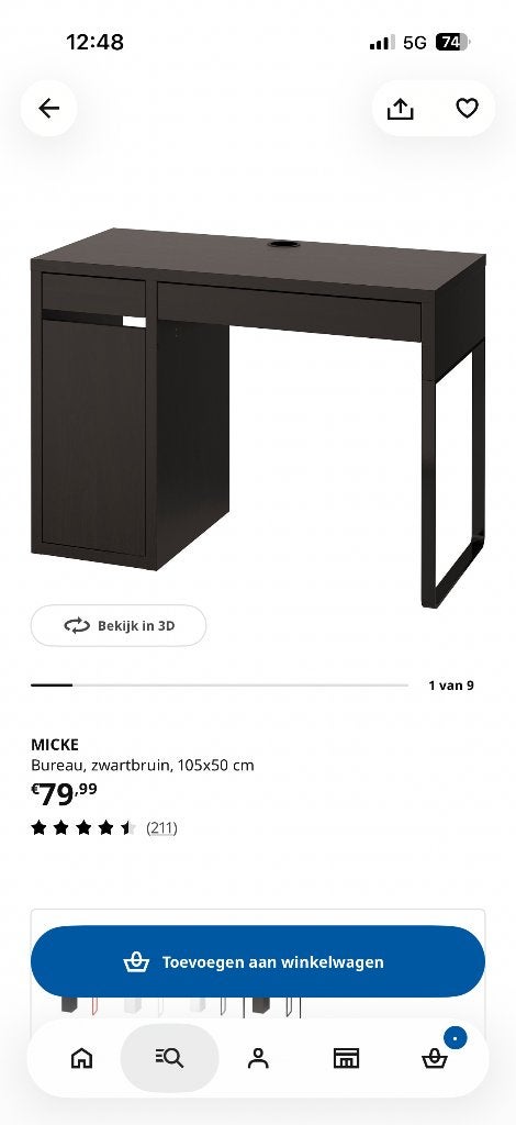 Bureau, Ophalen, Zwart, 105 cm, Gebruikt