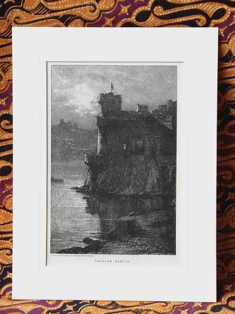 Mooie originele antieke ets uit Engeland van Douglas castle., 1800 - 1899, Ets, Ophalen of Verzenden, Landschap