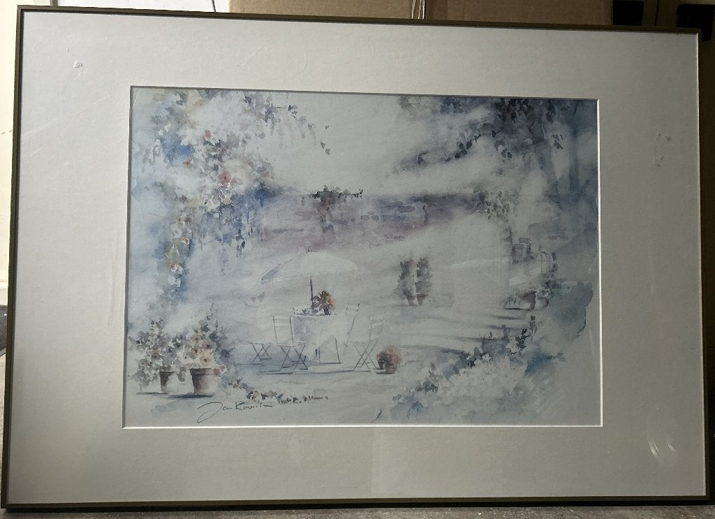 Schilderij aquarqel Jan Kooistra apart 70x100 XL terras, 50 – 75, Ophalen of Verzenden, Zo goed als nieuw, Schilderij