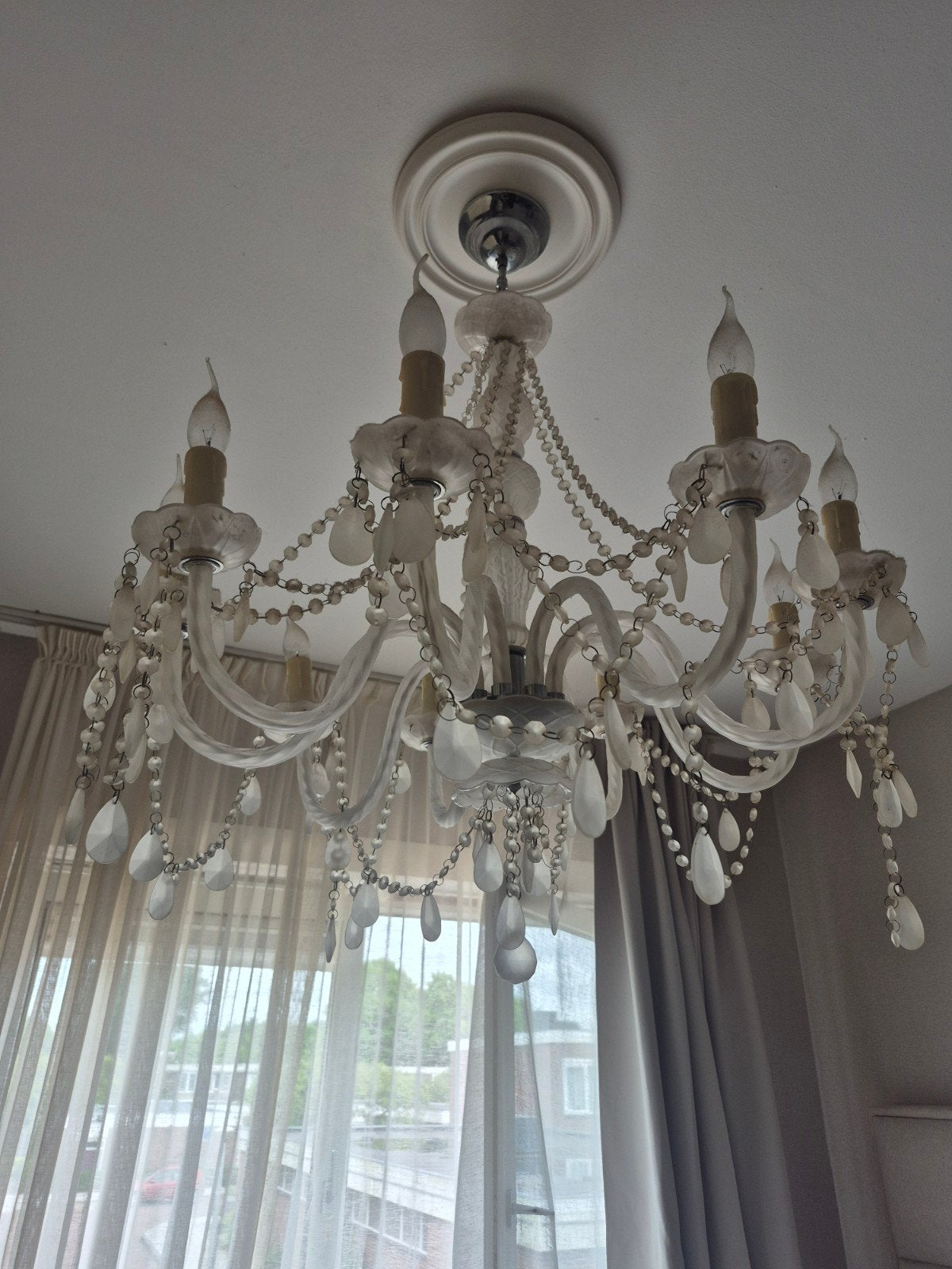 Elegante kroonluchter met glazen pegels, Ophalen of Verzenden, Gebruikt, Glas, Klassiek, Romantisch