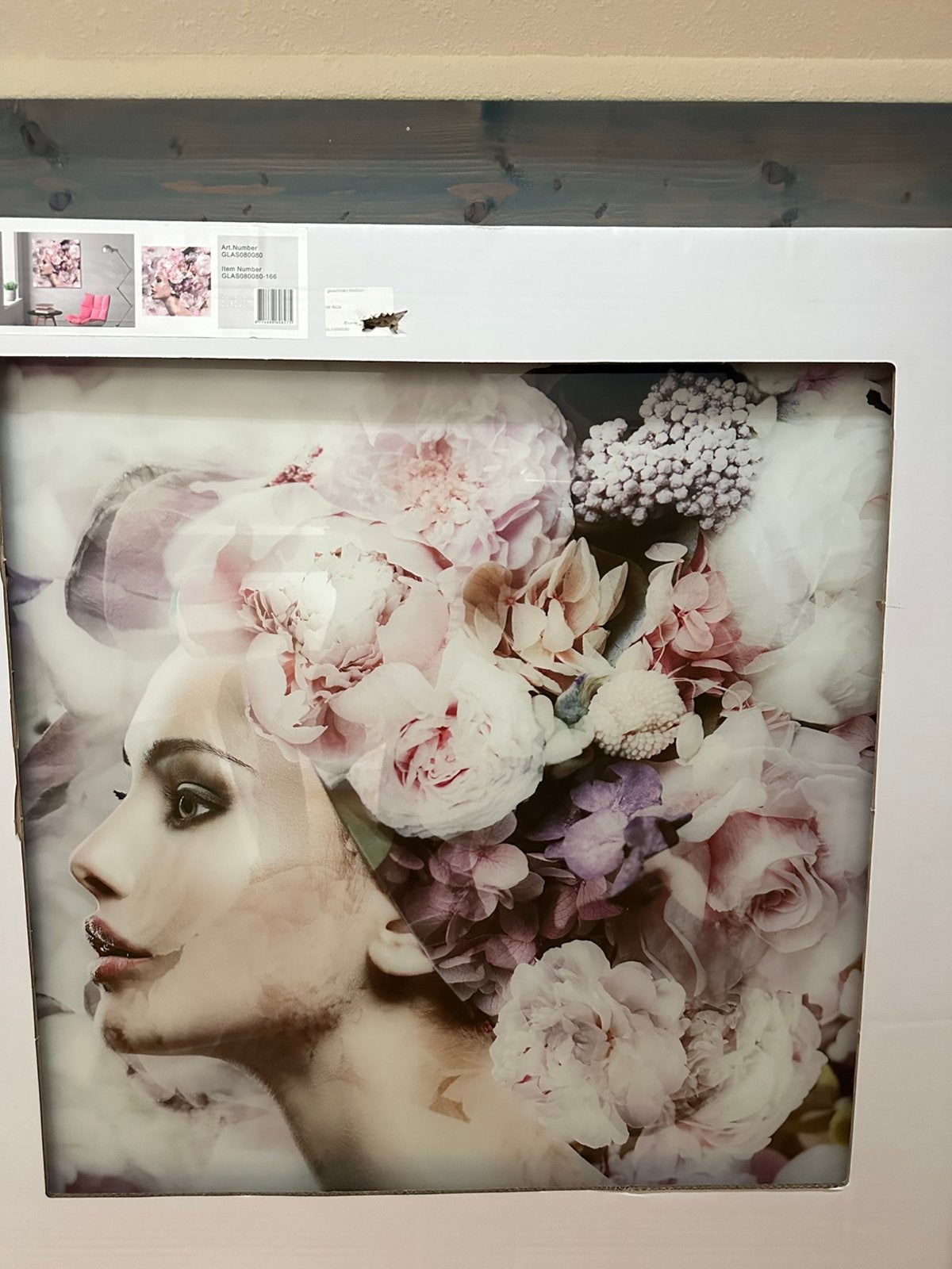 Dameshoofd met bloemen glas schilderij, Ophalen, Nieuw, Schilderij, 75 tot 100 cm