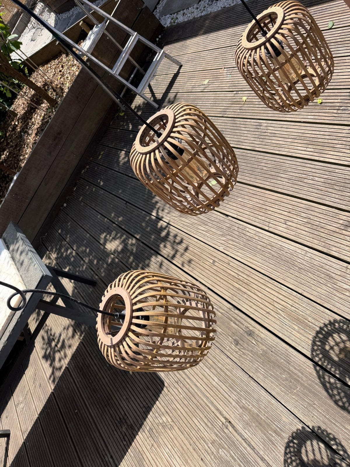 Bamboe hanglampen set van 3 - 91cm lang, Ophalen of Verzenden, Gebruikt, Hout, 75 cm of meer