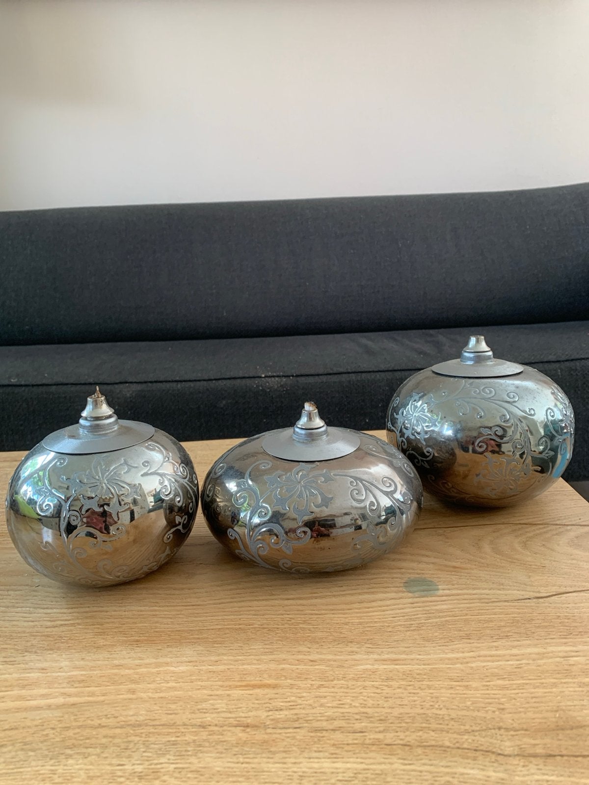 Set van 3 zilverkleurige decoratieve potten, Ophalen of Verzenden, Metaal, Zilver, Klassiek