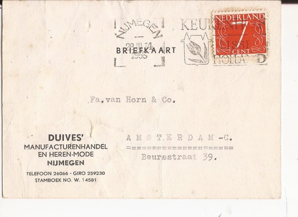 NIJMEGEN 1956DUIVES' Manufacturen Heren-mode, Verzenden, 1940 tot 1960, Gelopen, Gelderland