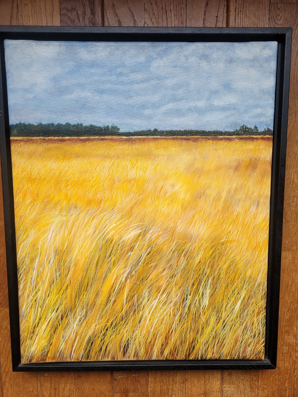 Schilderij olieverf op doek landschap geel gras weiland olie, Antiek en Kunst, Ophalen of Verzenden