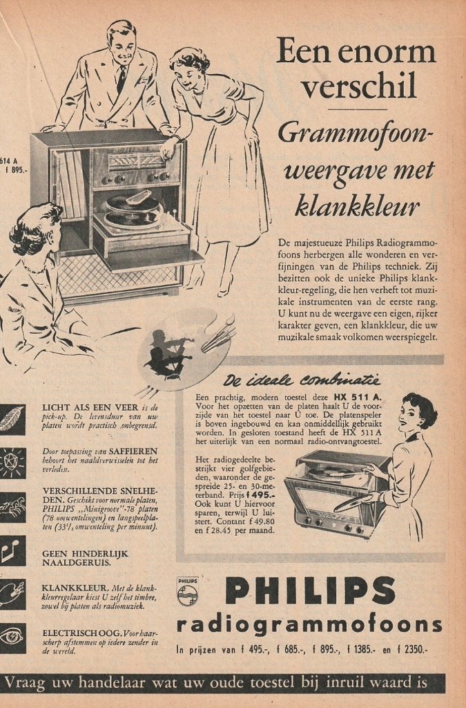 Retro reclame 1954 Philips radiogrammofoon FX614A, Verzenden, Overige typen