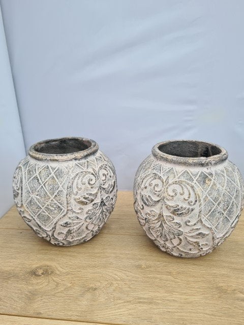 Bloempot grijs met 3d afbeelding 2 stuks, Rond, Ophalen of Verzenden, Aardewerk, Binnen