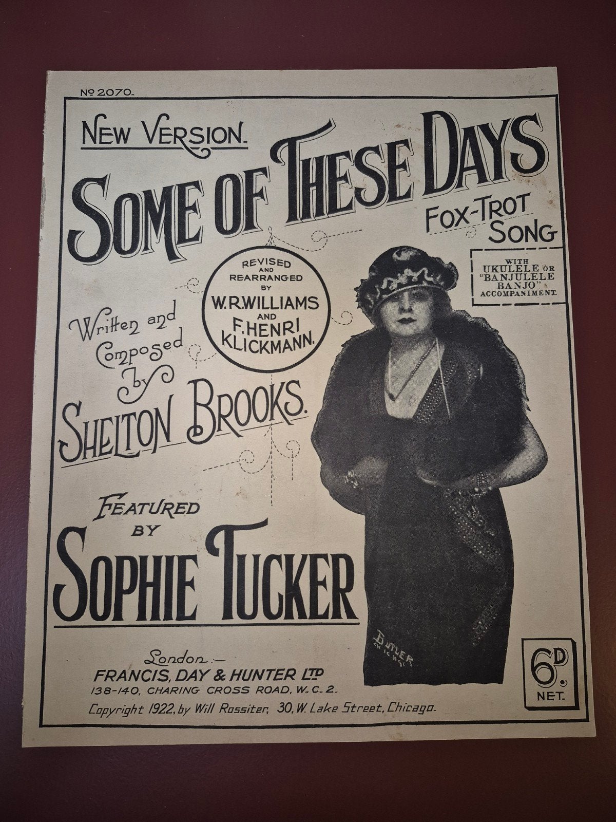 Vintage: Some of These Days (1922) - Sophie Tucker, Muziek en Instrumenten, Gebruikt, Ophalen of Verzenden, Piano, Artiest of Componist
