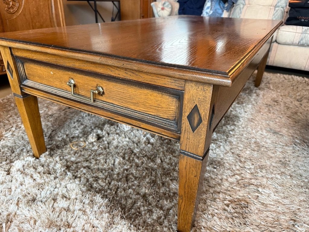 houten salontafel met 2 lades en uitschuifblad, Ophalen, Gebruikt, 100 tot 150 cm, 50 tot 100 cm