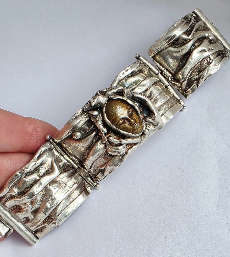 Exclusieve massieve zilveren armband, bronzen beeldje, 130gr, Ophalen of Verzenden, Zo goed als nieuw, Zilver, Zilver