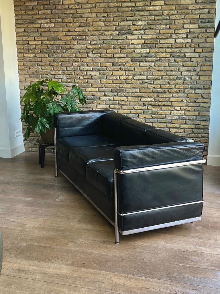Le Corbusier Stijl Bank Replica LC3 - Zwart Leer Design bank, Ophalen, Gebruikt, 150 tot 200 cm, Driepersoons