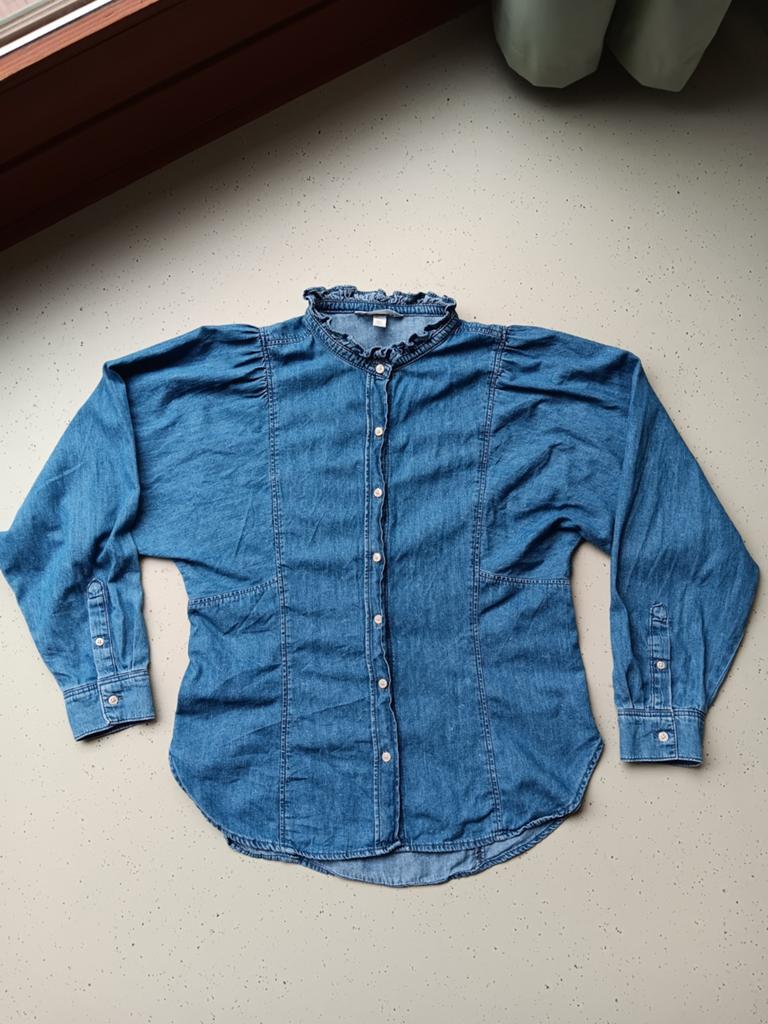 H&M denim blouse S volants, Blauw, Maat 36 (S), Gedragen, Bershka