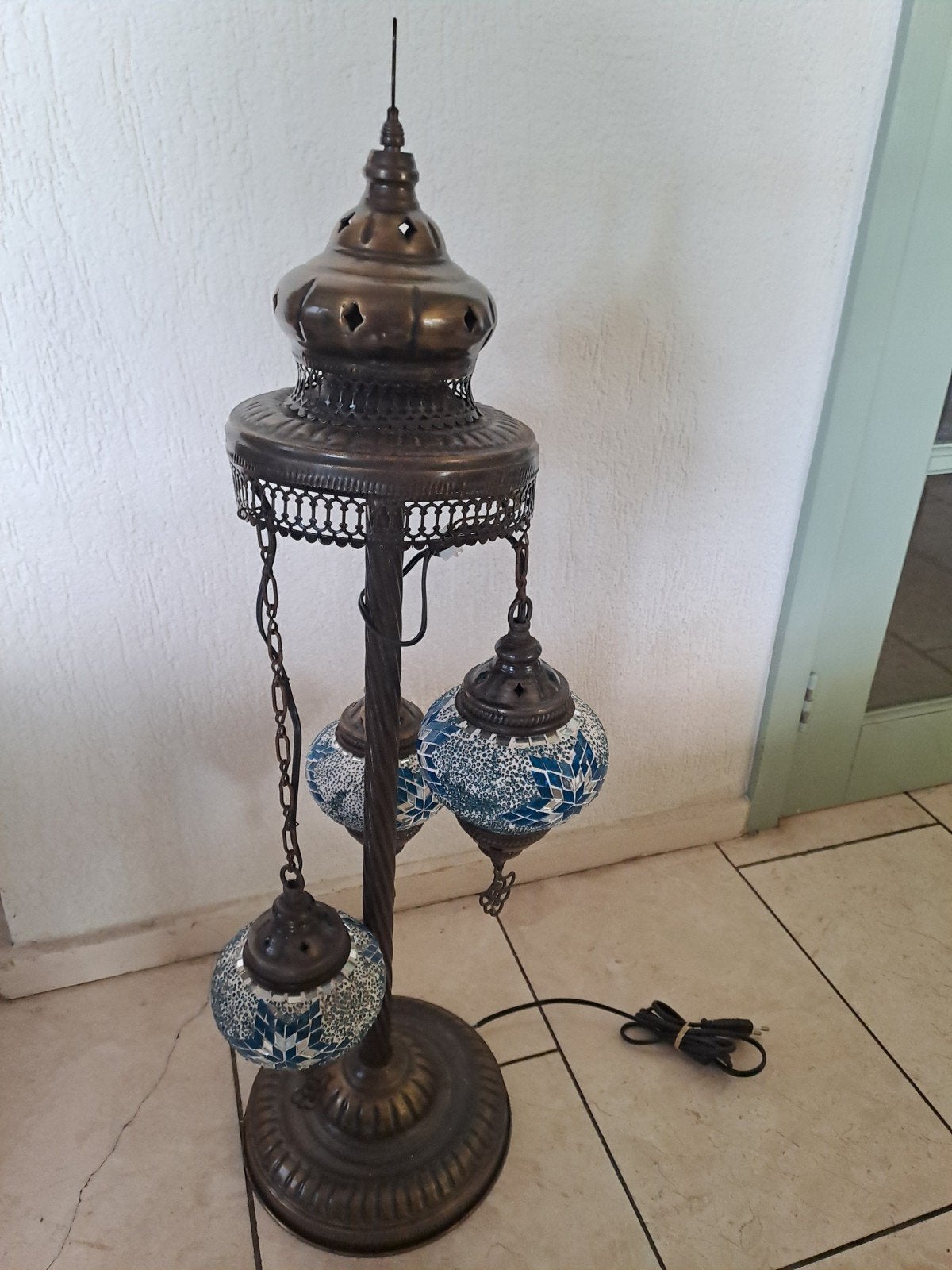 Oosterse Vloerlamp Turks Mozaïek met 3 Handgeblazen Bollen, Gebruikt, 100 tot 150 cm, E14 (klein), Ophalen of Verzenden