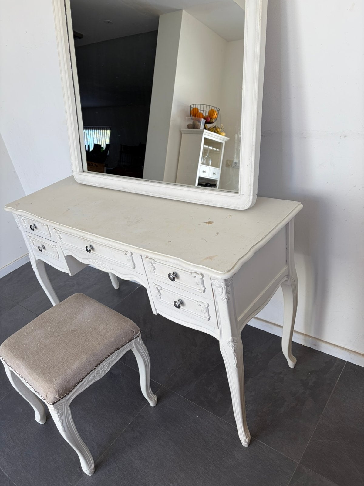Brocante kaptafel met kruk en spiegel, Ophalen, Gebruikt, 100 tot 150 cm, Minder dan 100 cm