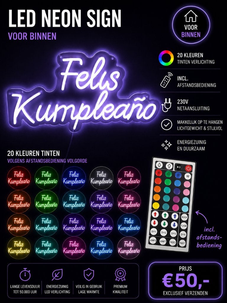 LED Neon Sign – Felis Kumpleaño – 20 kleuren, Ophalen of Verzenden, Zo goed als nieuw, Overige typen