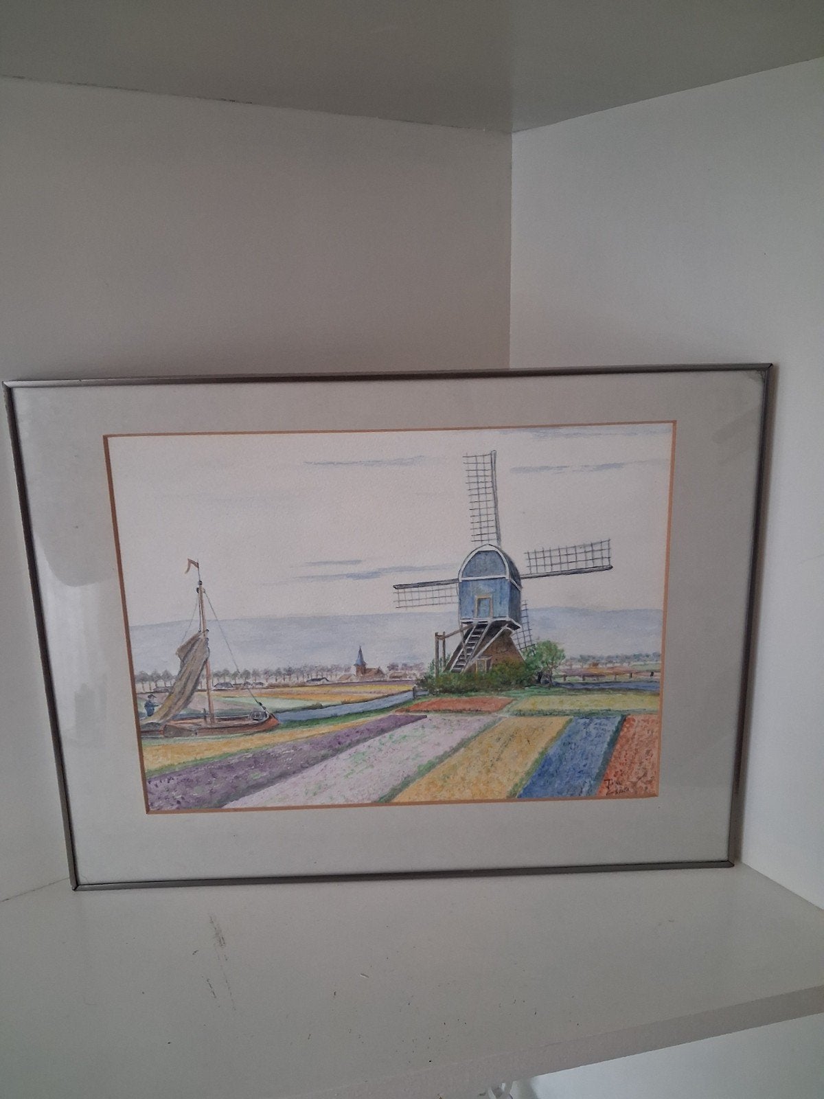 Sfeervol Aquarel Bollenveld met Molen – J. van Essen –, Oud hollands, Ophalen of Verzenden, Gesigneerd, Landschap