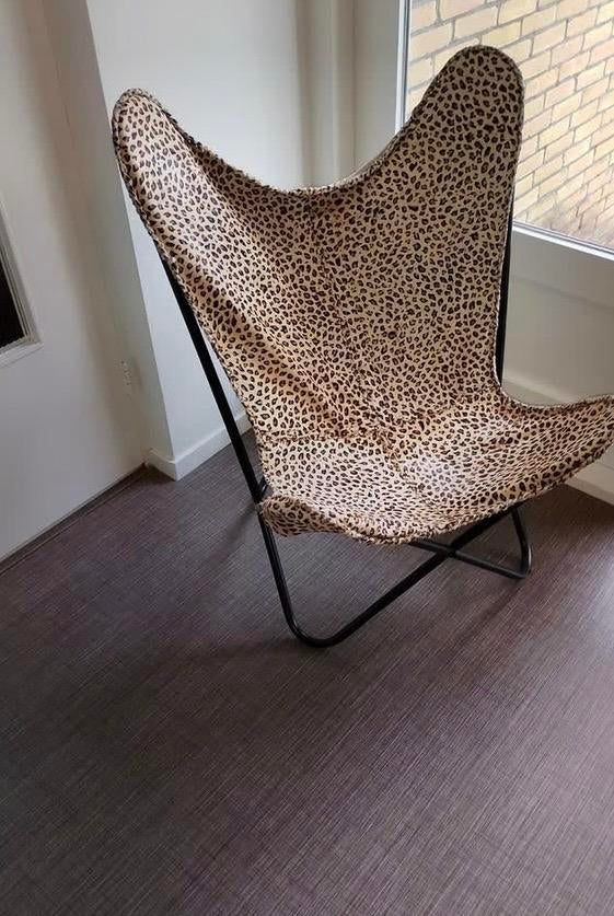 Vlinderstoel met luipaardprint, Huis en Inrichting, Stoelen, Gebruikt, Eén, Metaal, Overige kleuren, Ophalen