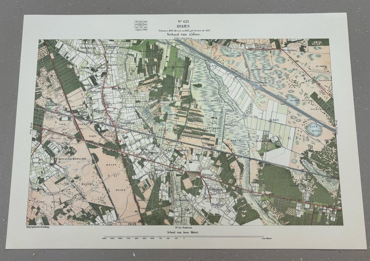 Mooie kaart van Relien uit 1920 (45cm x 32cm), Boeken, Atlassen en Landkaarten, Landkaart, 1800 tot 2000, Nederland, Ophalen