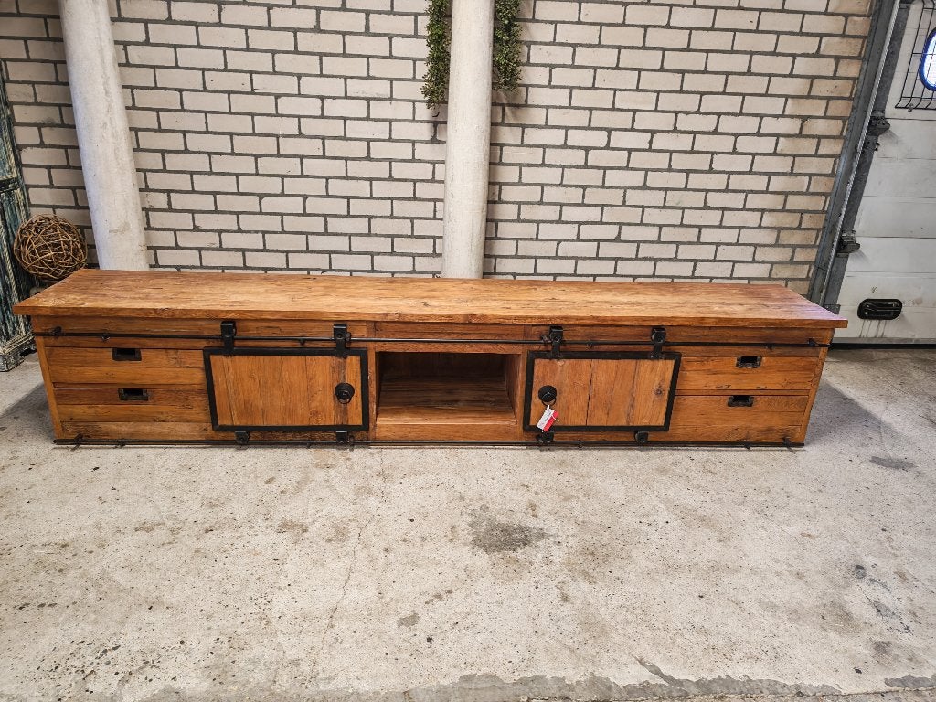 Groot, Robuust, Industrieel Tv-Dressoir, Ophalen, Teakhout, Industrieel landelijk teak, Zo goed als nieuw