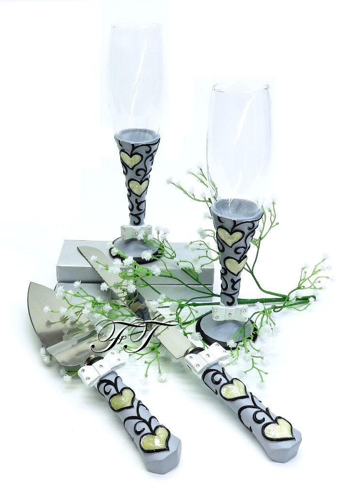 Schitterende champagneglazen met taartschep en mes., Ophalen of Verzenden, Nieuw, Feestartikel, Geboorte of Huwelijk
