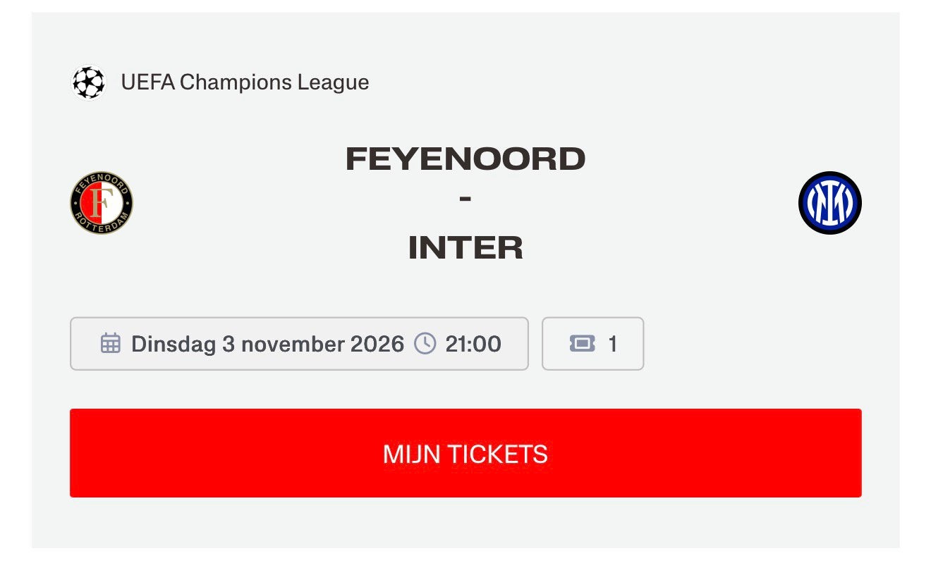 Kaart Feyenoord-Inter vak S, Auto diversen, Ophalen of Verzenden