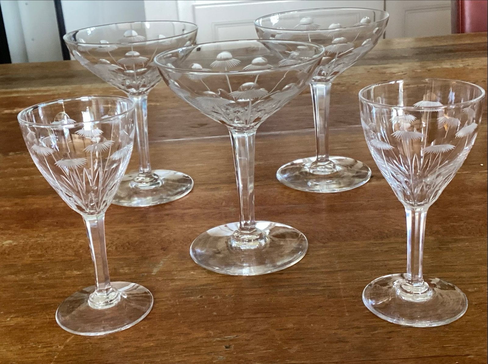 Set van 5 antieke kristallen glazen met bloemmotief, Antiek en Kunst, Antiek | Glas en Kristal, Ophalen