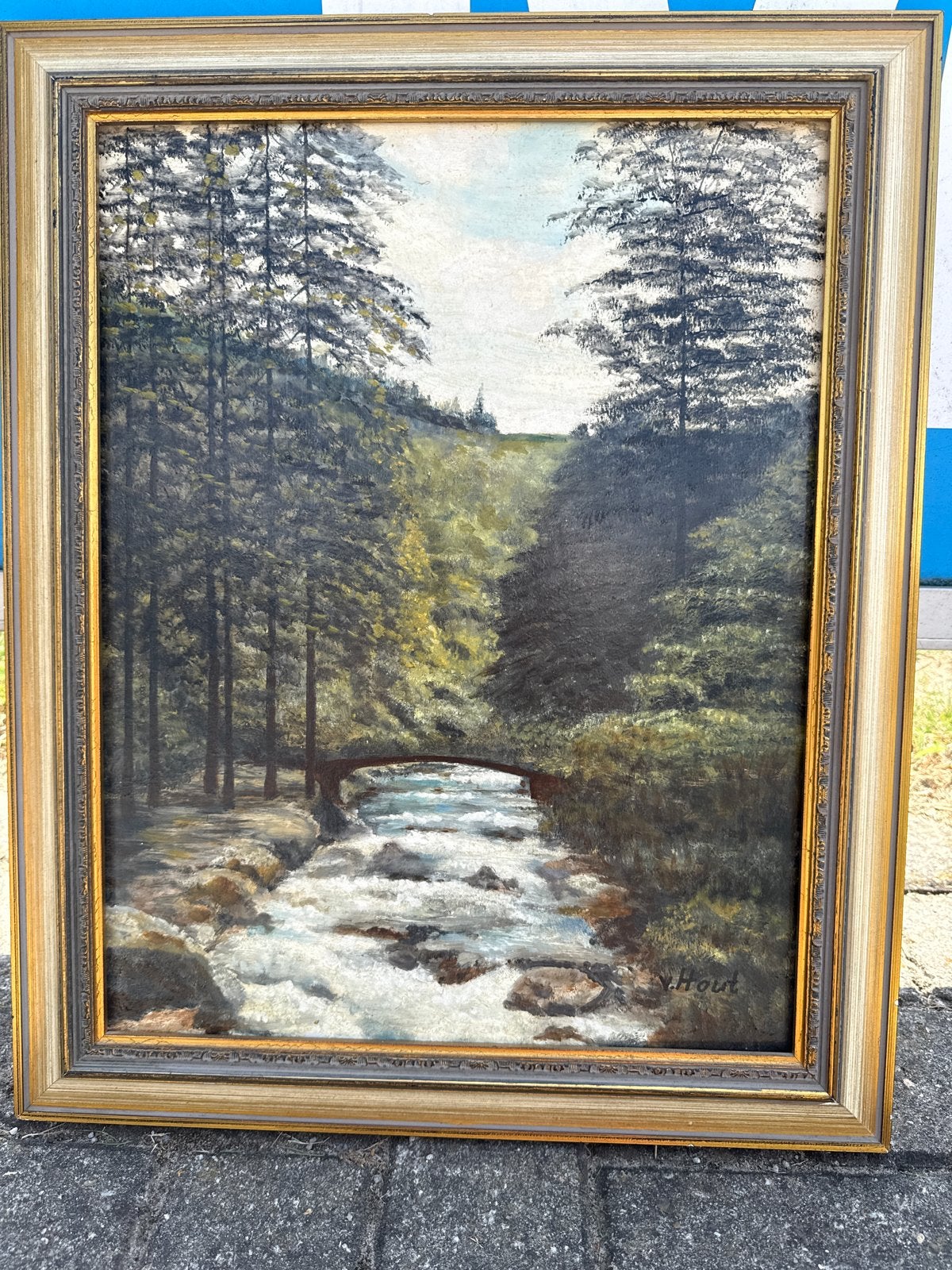 Olieverfschilderij: Bergbeek met brug en dennenbomen, Doek, Realistisch, Ophalen of Verzenden, Gesigneerd
