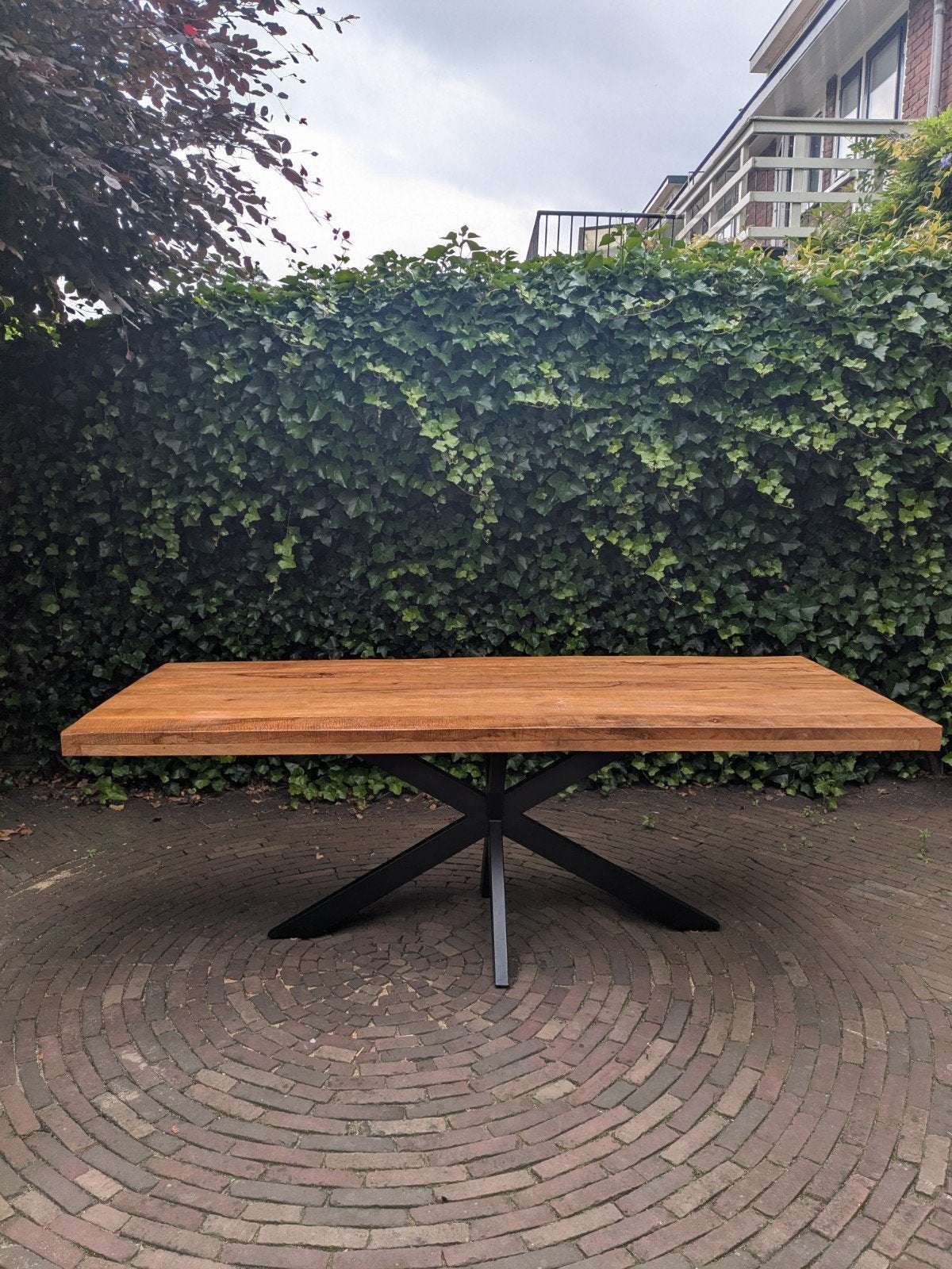 Massieve mangohouten eettafel 220x100 cm, zeer goede staat, Ophalen, 200 cm of meer, 50 tot 100 cm, Zo goed als nieuw