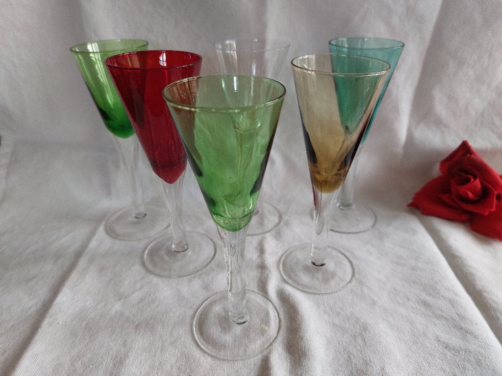 Set van 6 gekleurde VINTAGE glaasjes op voetje | jaren '60, Ophalen of Verzenden