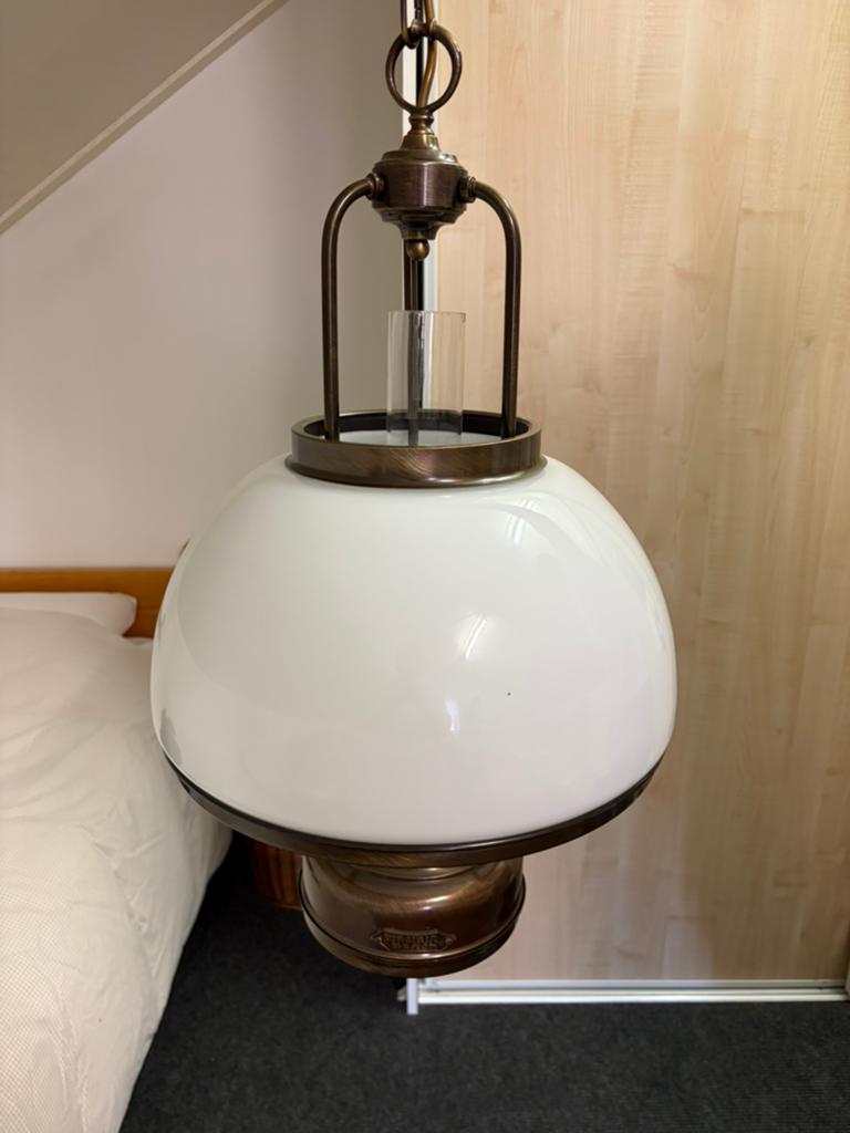 Vintage hanglamp melkglas & brons – Virginia Beach stijl, Ophalen