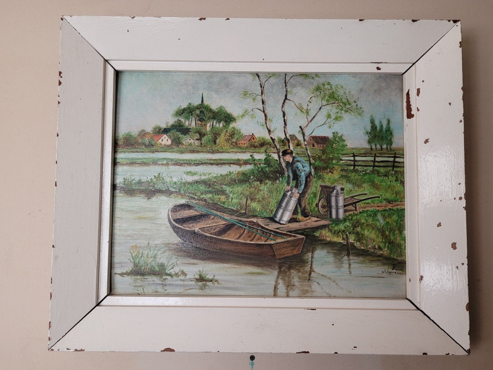 Oud Hollands Landschap Schilderij met Boer en Boot, Doek, Oud hollands, Ophalen of Verzenden, Landschap