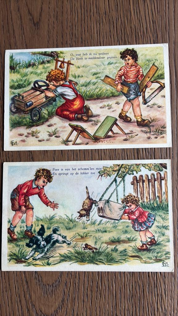 Kinderkaarten met rijm. Schommelen, kapotte auto., Ophalen of Verzenden, 1960 tot 1980, Voertuig
