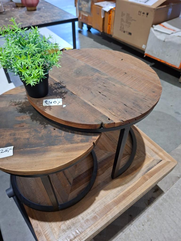 2 acasia bijzet tafeltjes  samen 60  euro, Ophalen, Rond, 50 tot 100 cm, 50 tot 100 cm