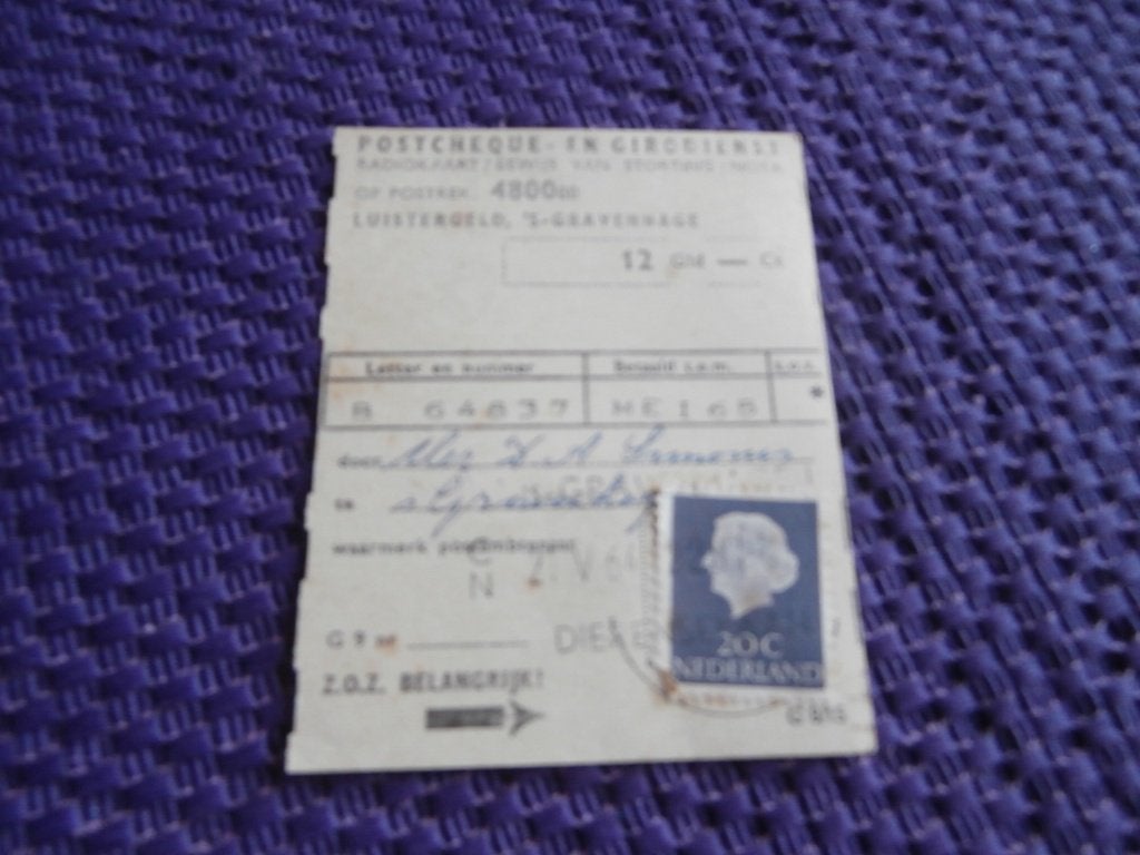 Antieke postcheque postzegel Juliana betaalcheque radiokaart, Ophalen of Verzenden, Na 1940, Gestempeld