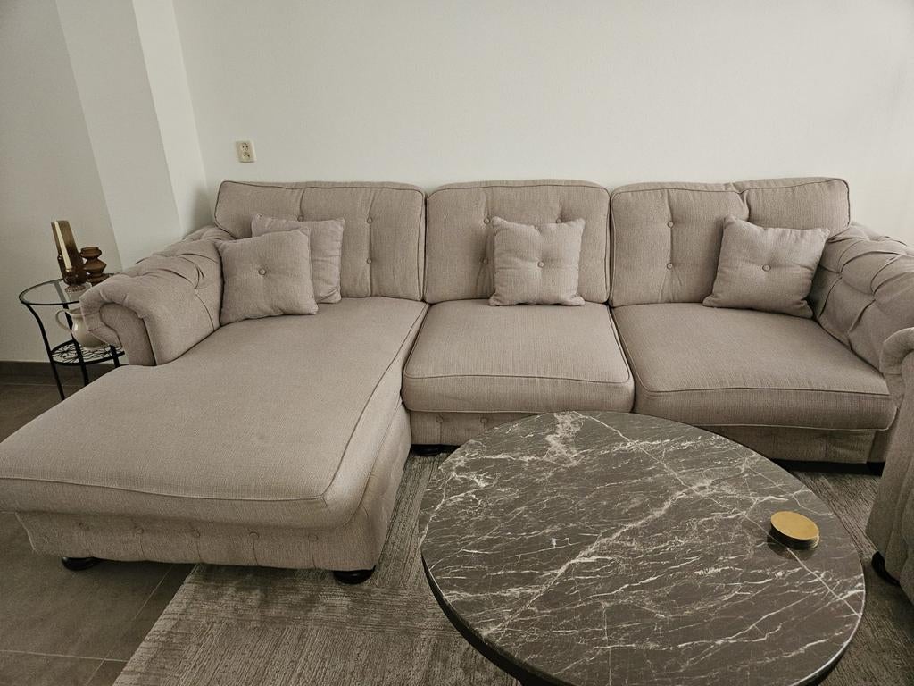 Luxe Hoekbank + Fauteuil | Beige Linen-look | Chesterfield, Huis en Inrichting, Banken | Bankstellen, Gebruikt, 300 cm of meer