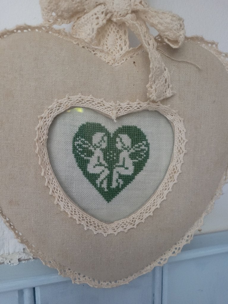 Vintage stoffen lijstje met handgeborduurde engeltjes, Ophalen of Verzenden