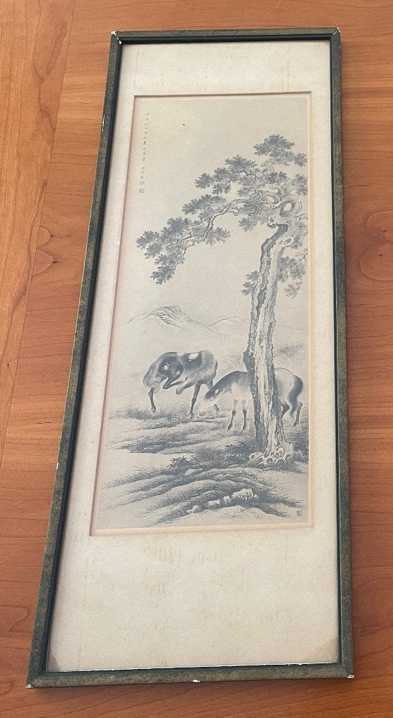 Chinees paarden schilderij / oude afdruk 52 x 20cm, Antiek en Kunst, Kunst | Schilderijen | Klassiek, Overige stijlen, Achter glas