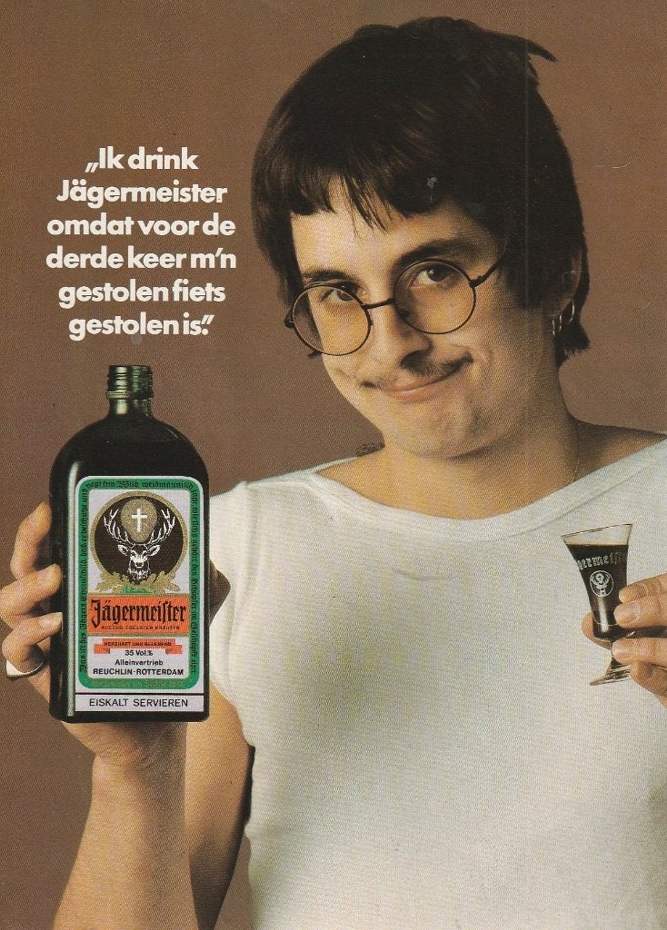 retro reclame 1979 Jägermeister omdat m'n fiets gestolen is, Verzenden, Overige typen