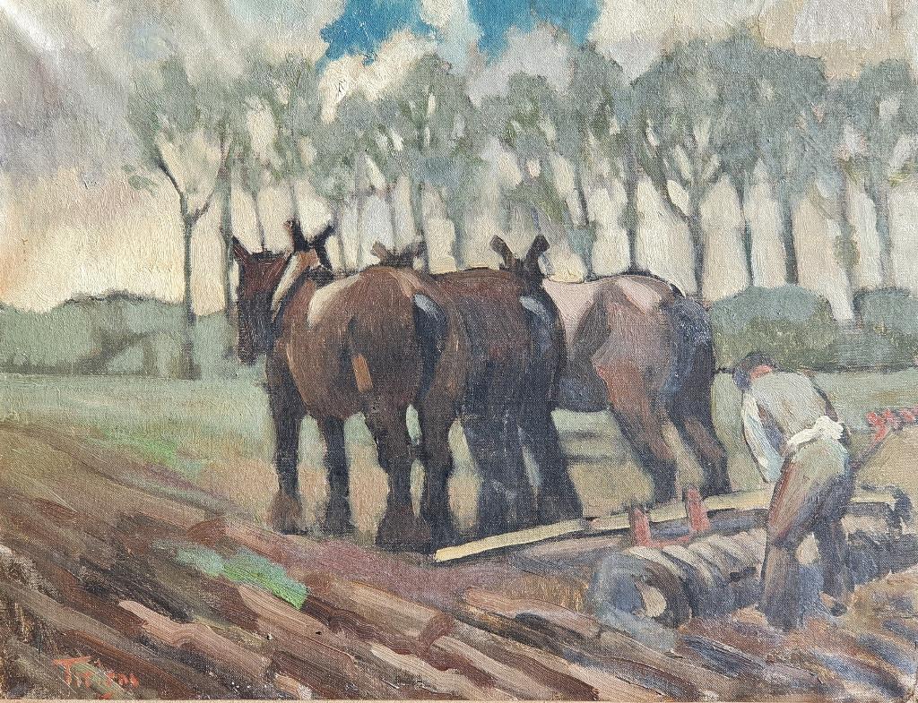 Schilderij 'Boer met driespan' Jos Tielens Limburg 50x64, Ophalen